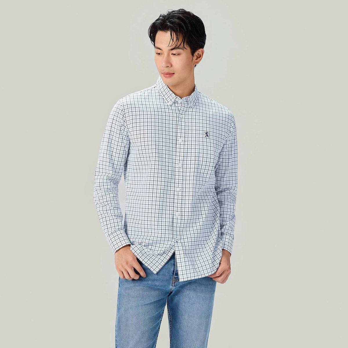 Men's Long Sleeve Slim Fit Cotton Lion Embroidered Oxford Shirt