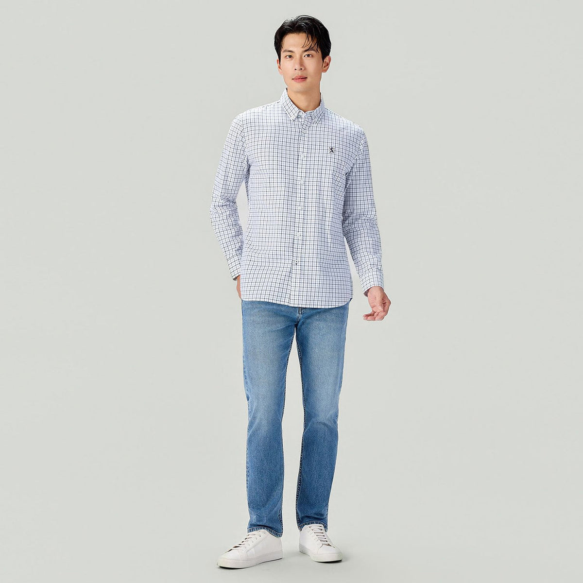 Men's Long Sleeve Slim Fit Cotton Lion Embroidered Oxford Shirt