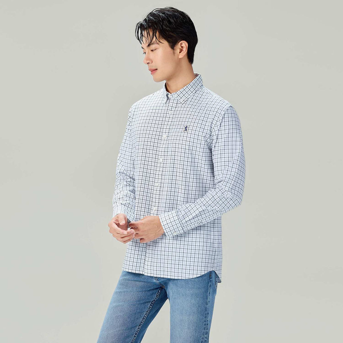 Men's Long Sleeve Slim Fit Cotton Lion Embroidered Oxford Shirt