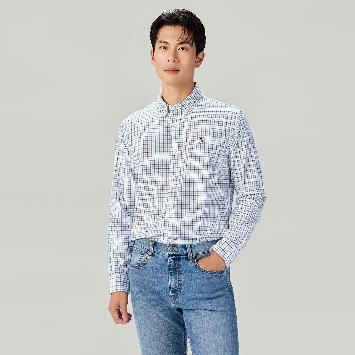 Men's Long Sleeve Slim Fit Cotton Lion Embroidered Oxford Shirt