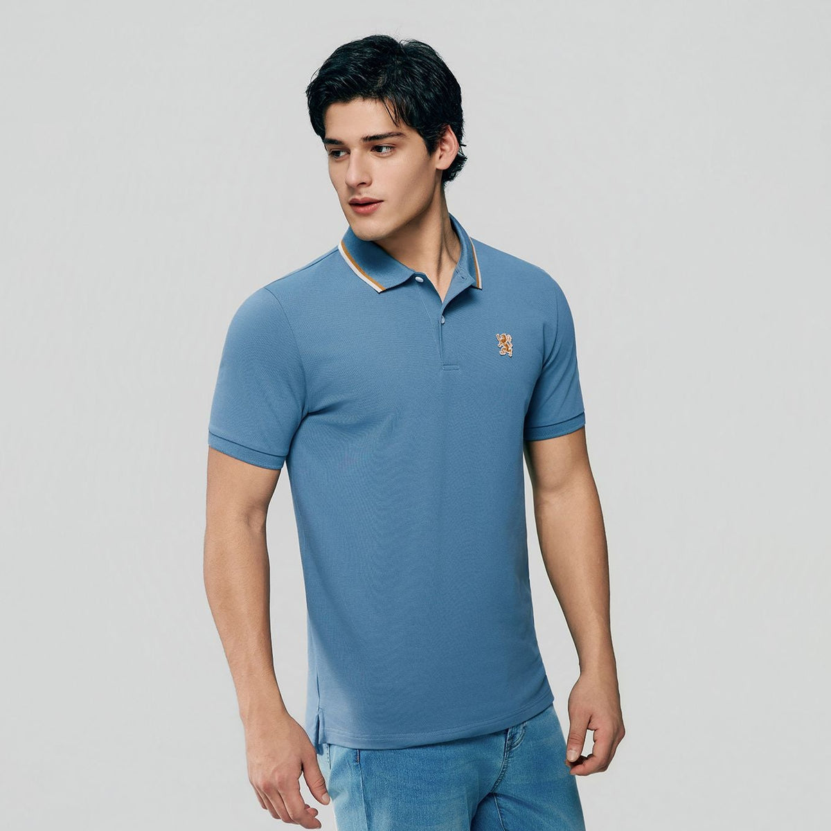 Men Slim Fit Cotton Lycra Pique Flat Knit Collar Embroidered Solid Polo