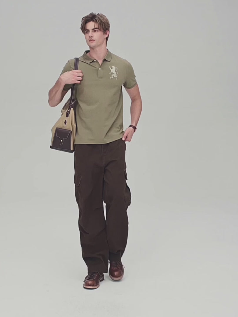 Men’s Slim Fit 3D Lion Embroidery Lycra Pique Polo