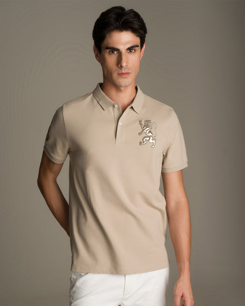 Men's 3D Lion Polo: Slim Fit, Bold Embroidery, Premium Pique